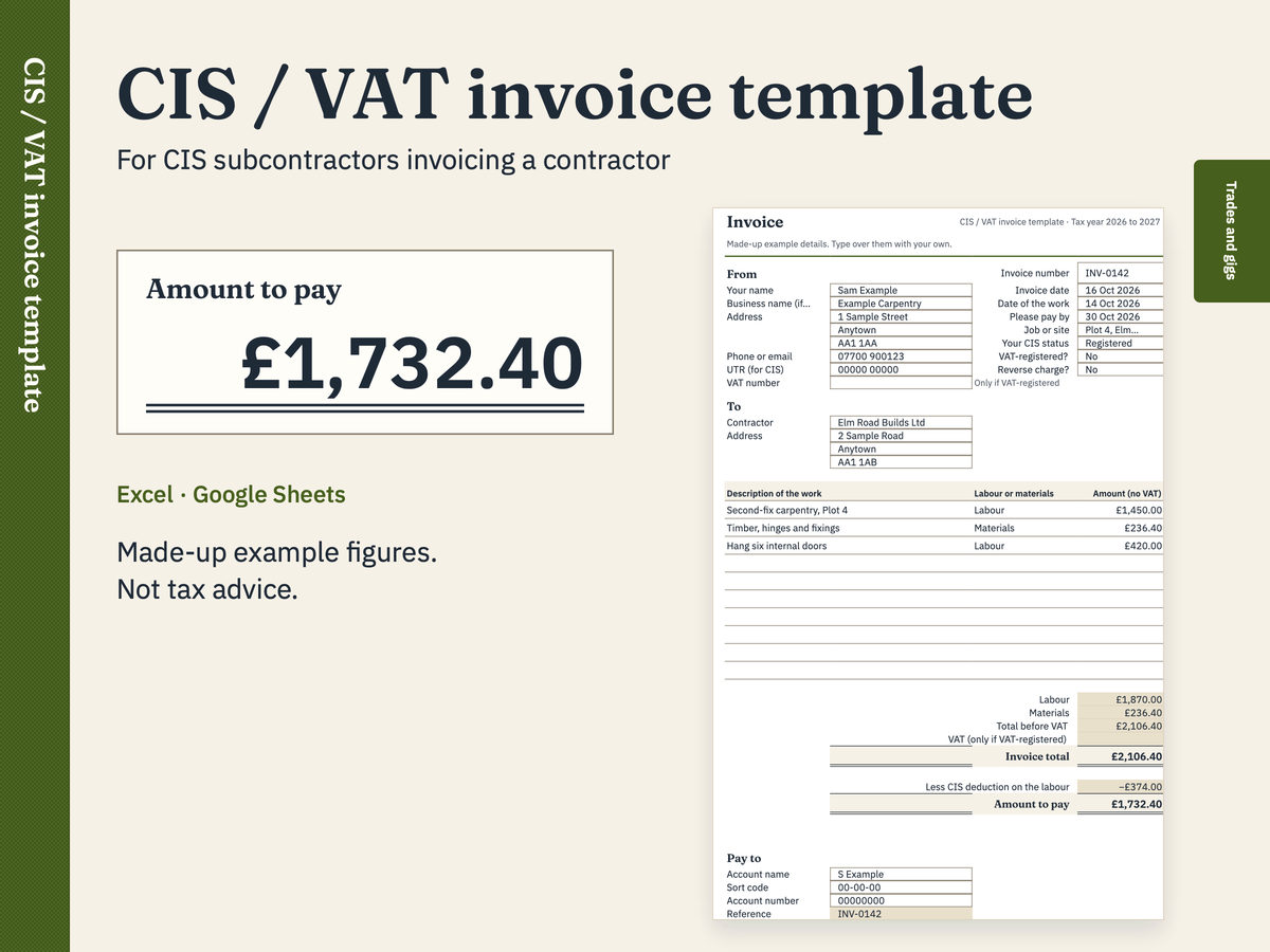 CIS / VAT invoice template: a preview with made-up figures