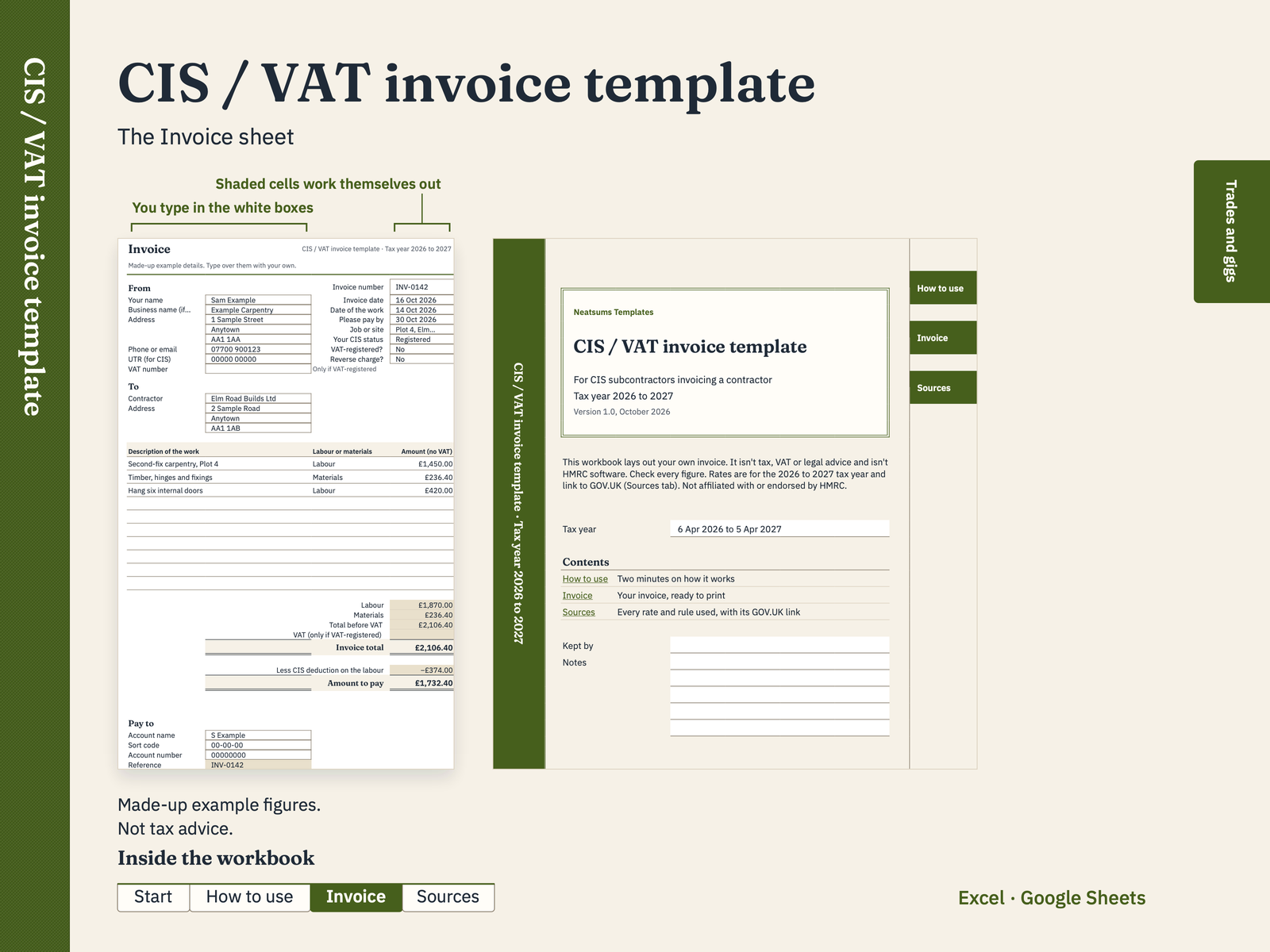 Inside the CIS / VAT invoice template, with made-up example figures