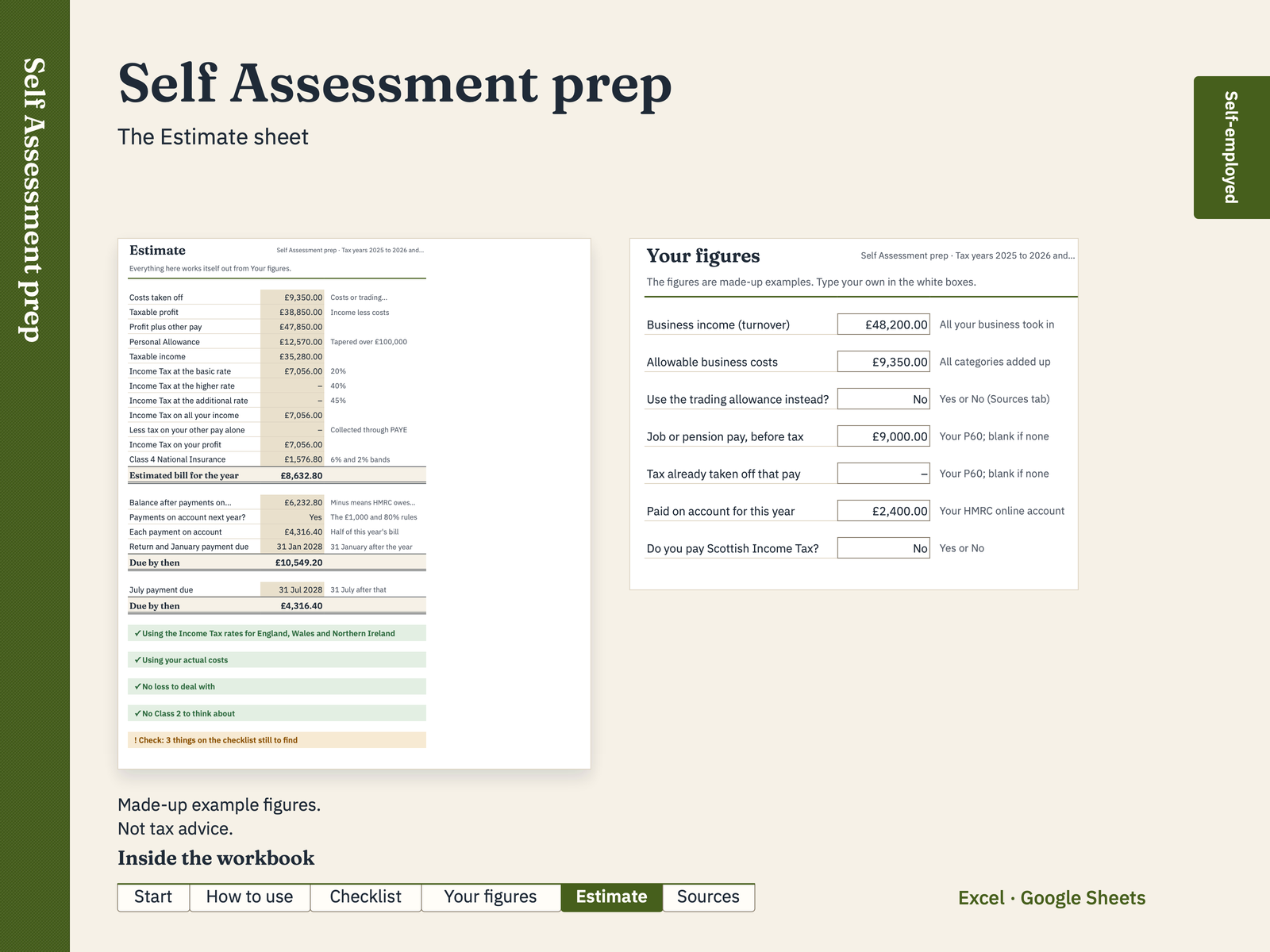 Inside the Self Assessment prep workbook, with made-up example figures